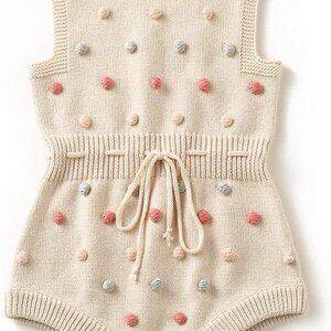 Cuddly Apricot Knit Romper for Baby Girls - Sleeveless Style with Waist Tie
